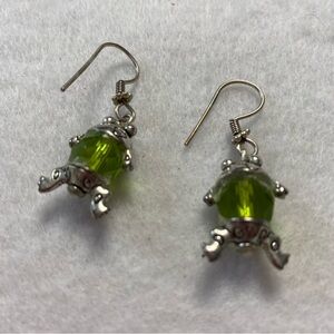 Unique Peridot Color Silver Green Frog Earrings Dangle Drop Hook